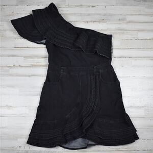 Y2K One Shoulder Black Denim Mini Dress Junior's Large Stretch Summer Edgy Alt